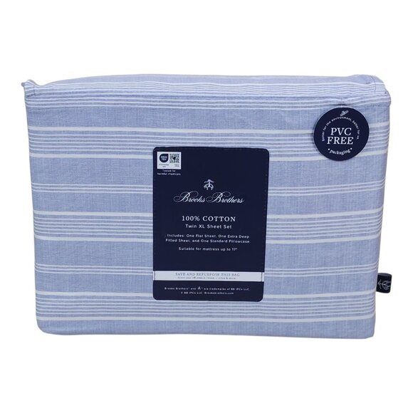 Brooks Brothers Twin XL Sheet Set 100% Cotton Indigo Striped 17" Deep Mattress - Picture 1 of 7
